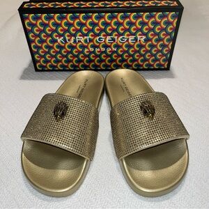 New Kurt Geiger Gold Crystal-Embellished Slide Sandals